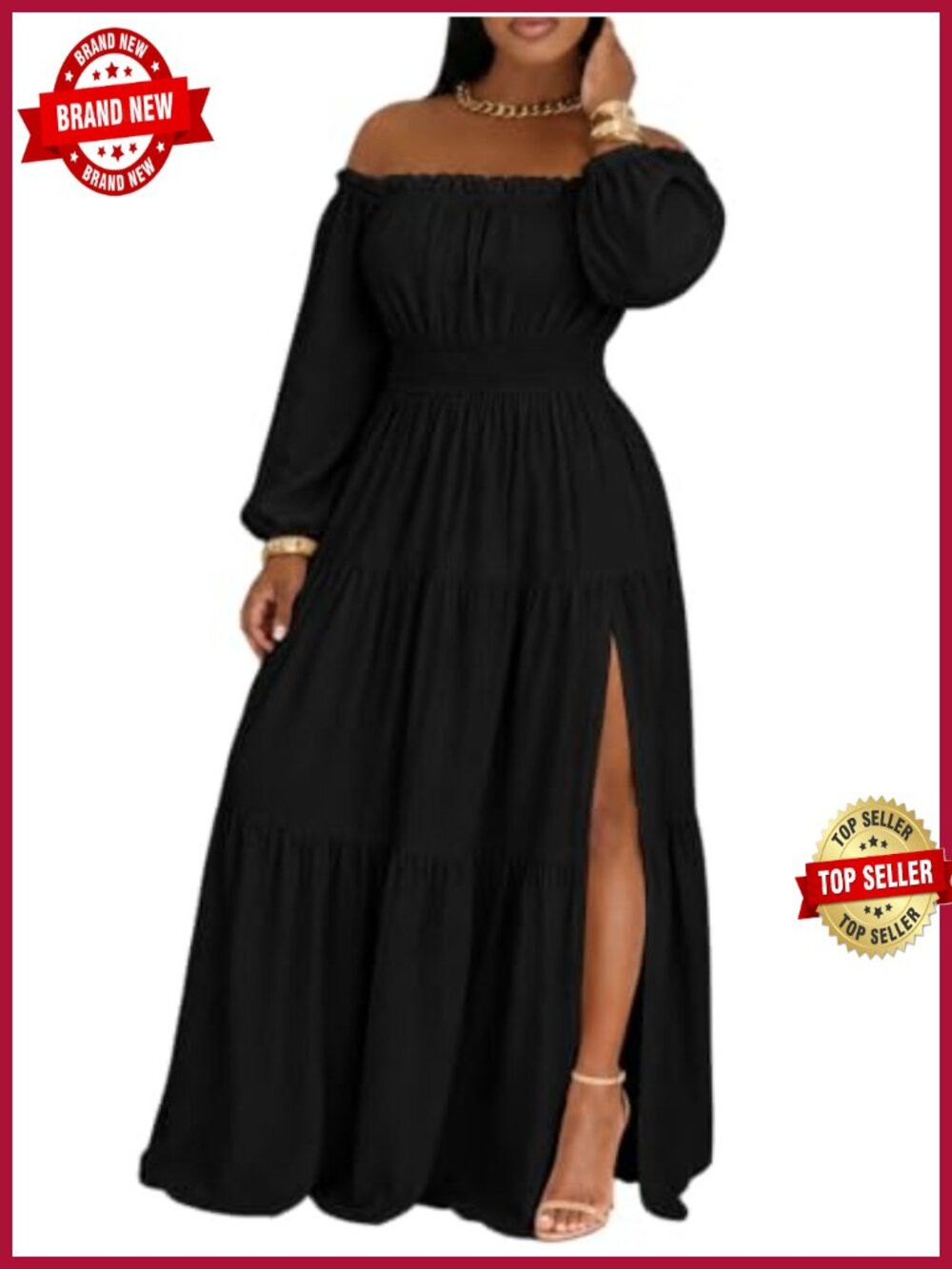 Womens Off Shoulder Smocked Maxi Dress Long Puff Sleeve High Slit